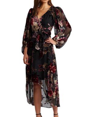 Eliza J Floral Burnout High-Low Cocktail Dress in Black Wine